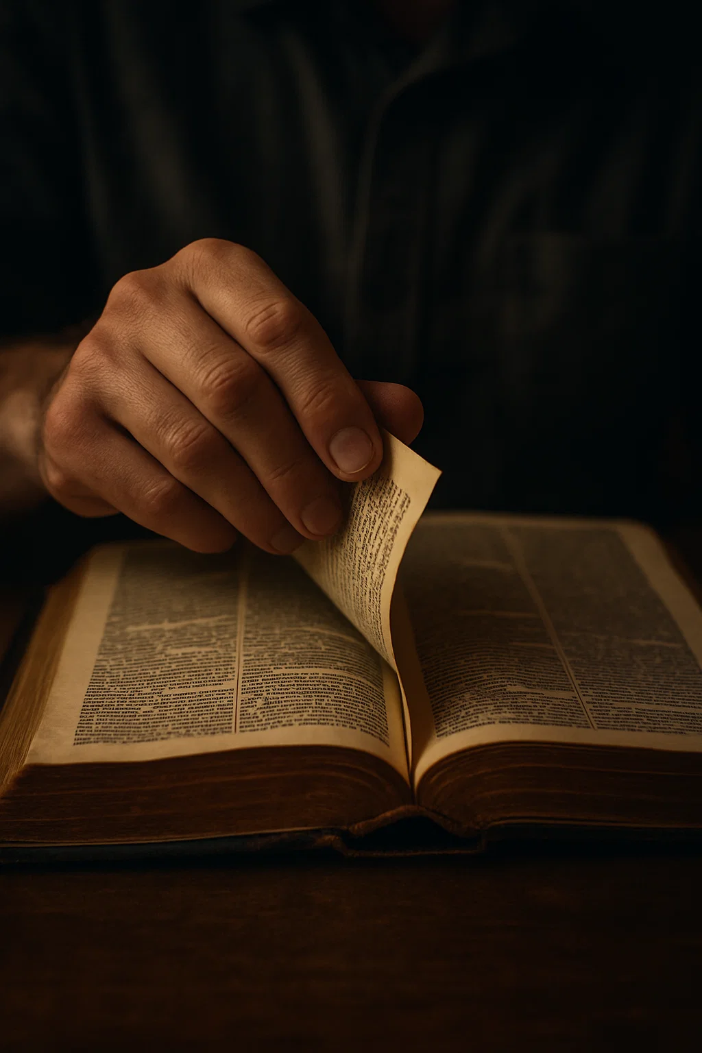 Hand turning pages of Holy Bible in warm lighting
